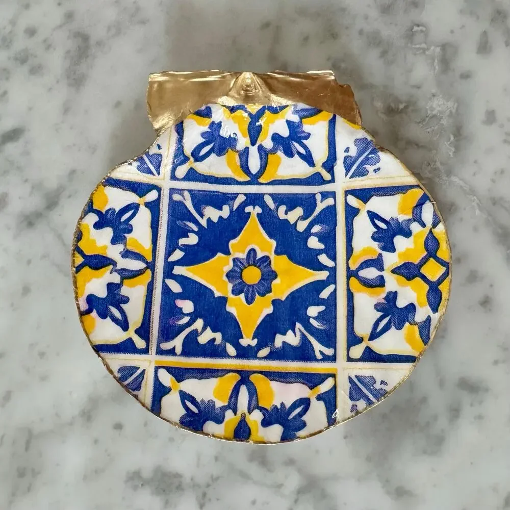 Mediterranean Tile Shell Trinket Dish | Blue Yellow Ring Holder